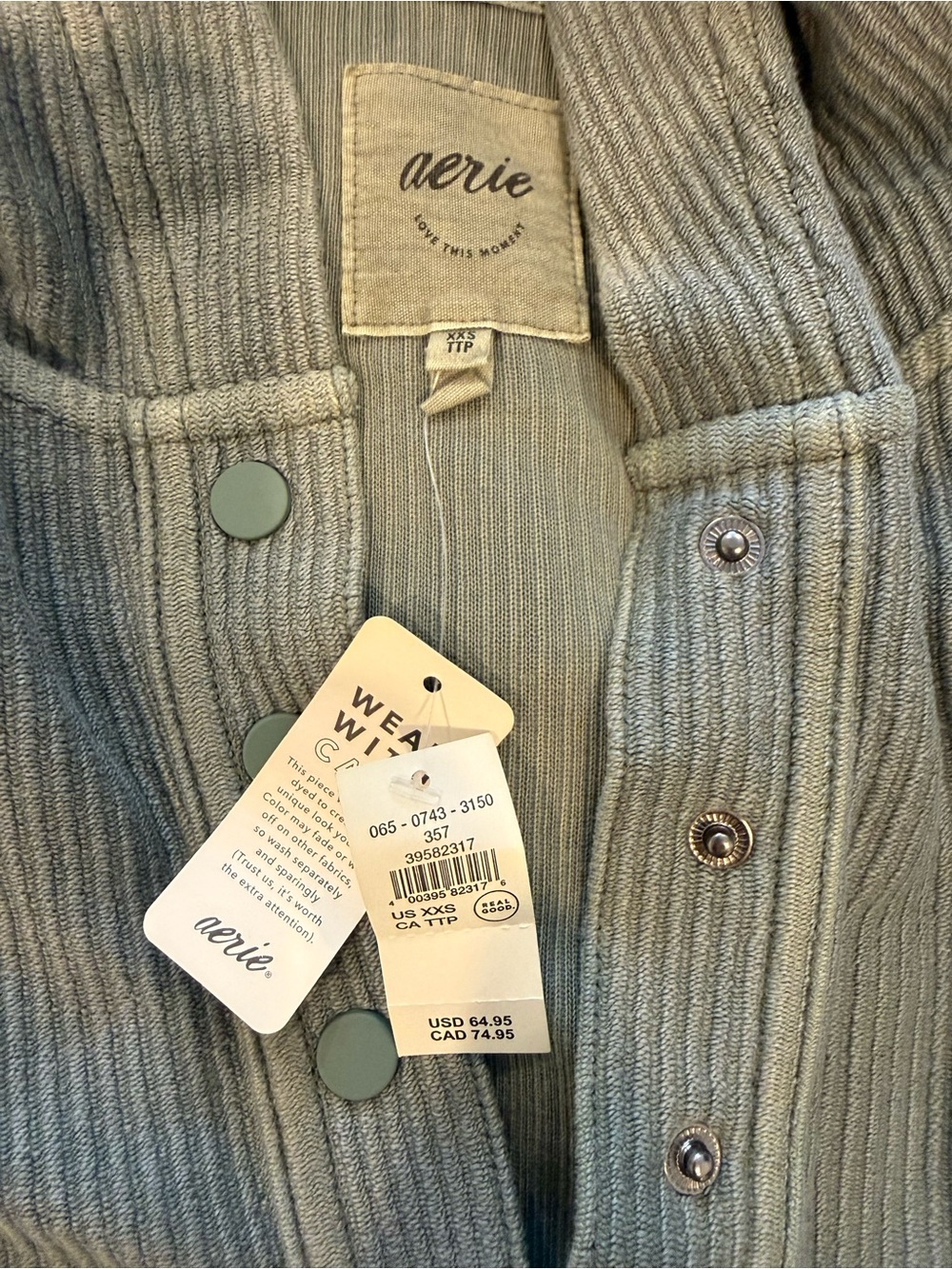 aerie Sage Green Ribbed Snap-Front Hooded Sweater